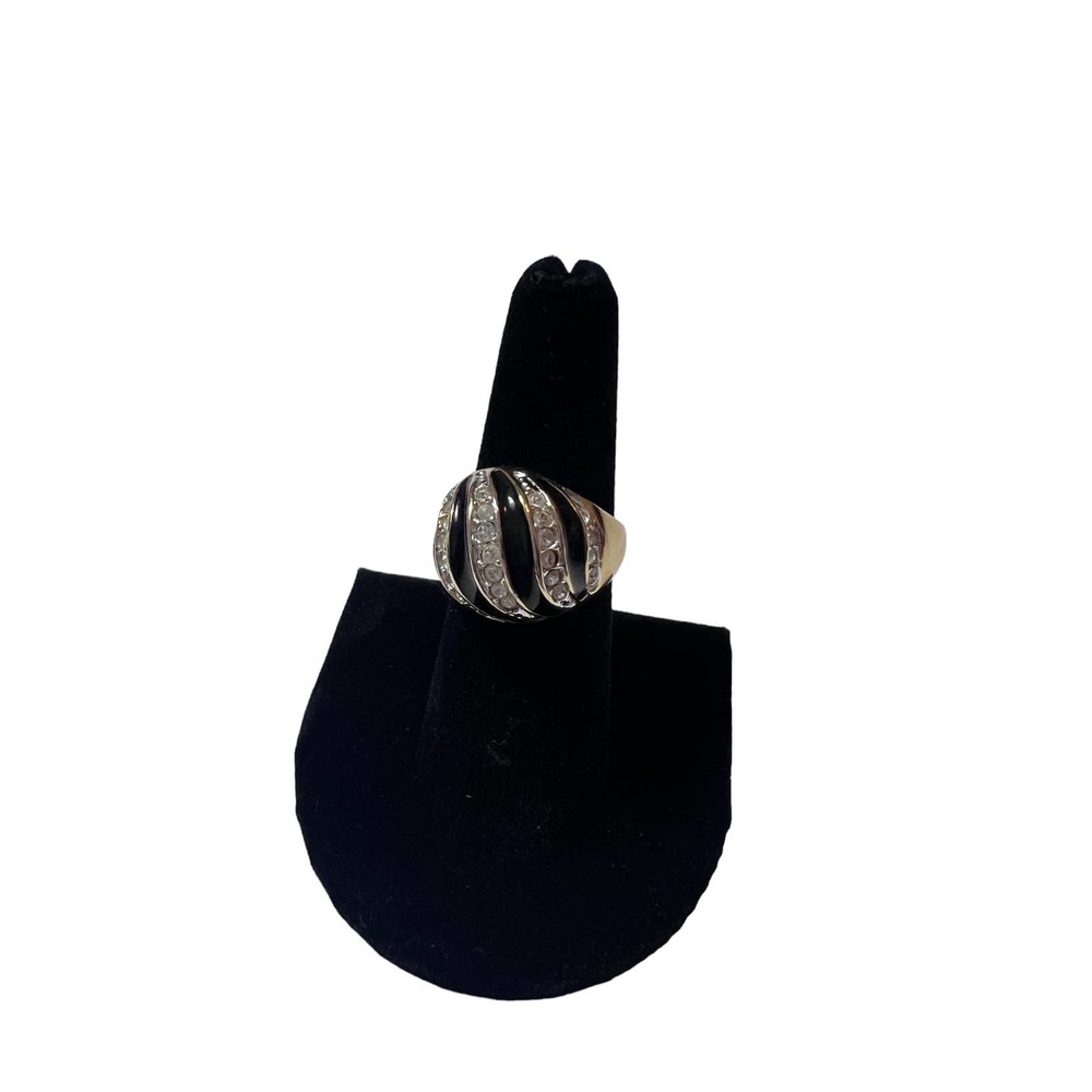 Vintage Black Enamel Clear Rhinestone Striped Dome Gold Bubble‎ Ring sz 7